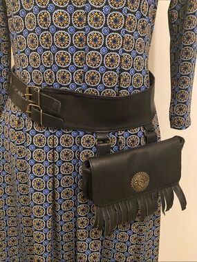 Barganza Leather Fringe Belt Bag with Brass Medallion. Unisex.